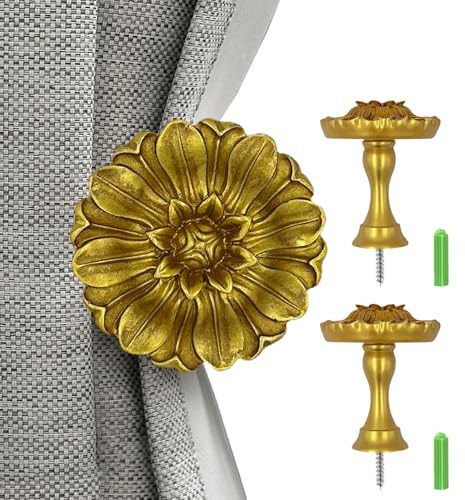 Remunkia Curtain Holdbacks, Gold Curtain Holdbacks Vintage, Curtain Tiebacks Wall Mounted, Classic and Useful Curtain Hooks for Wall, Window Treatment Holdbacks (Daisy Gold, Set of 2)