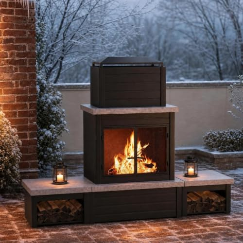 SUNJOY Gartenkamin 193×51×147,5 cm, Outdoor-Feuerstelle aus Stahl mit integriertem Holzlager & Schornstein, Funkenschutzgitter, inkl. Schürhaken 60 cm, ideal für Terrasse