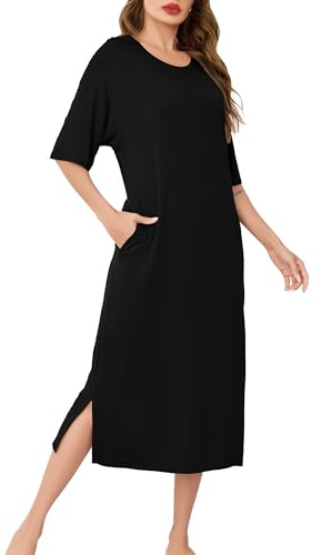 Wikoan Chemise de Nuit Longue Femme Chemise de Nuits Femme Ete Manches Courtes Robe de Nuit Femmes avec Poches Chemises de Nuit Grande Taille Noir 3XL