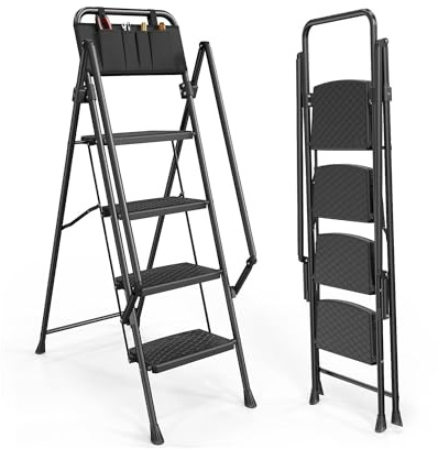 Homelux P19263 Escalera Plegable 4 Peldaños Anchos con Pasamanos – Peldaños de Polipropileno Antideslizantes con Estructura de Abeja – Escalera Hogar Segura y Compacta
