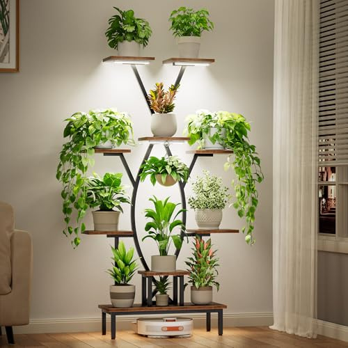 Pflanzenständer für den Innenbereich mit Pflanzenlampen – 9-stufiges hohes Pflanzenregal, 160 cm Eckpflanzenständer für mehrere Zimmerpflanzen, X-förmiger Metall-Blumenhalter, großes dekoratives Regal