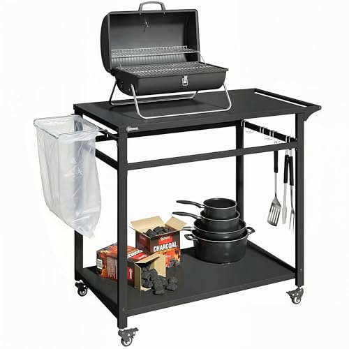Outsunny Carrello Barbecue da Esterno con 2 Ripiani in Metallo, Tavolo Cucina da Esterno con Ruote, Maniglia, Portasacchi e Ganci, 113x50.5x88 cm, Nero