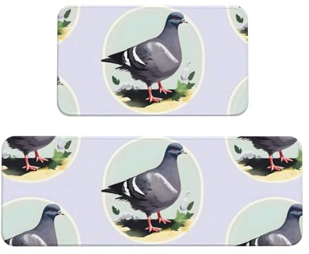 Grey Pigeon Print Kitchen Rugs Set of 2, Cushioned Anti-Fatigue Kitchen Mats for Floor, Waterproof Comfort Standing Mat Absorbent Velvet Kitchen Runner Rugs 17x30+17x47
