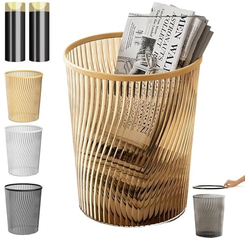 Light Threaded Vertical Trash Can, Elegant Translucent Waste Paper Basket, Slim Plastic Waste Paper Bin with Pressure Ring, Open-Top White/Gold Bathroom Bin for Bedroom, Kitchen & Office (Gold, S)