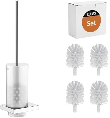 KEUCO Edition 11 Set aus WC-Bürstengarnitur & 4 Bürstenköpfen, verchromt | Bürstengarnitur mit Glaseinsatz und Bürste, Ersatzköpfe weiß, inkl. Schrauben und Dübel, Bürstenhalter mit Klobürste