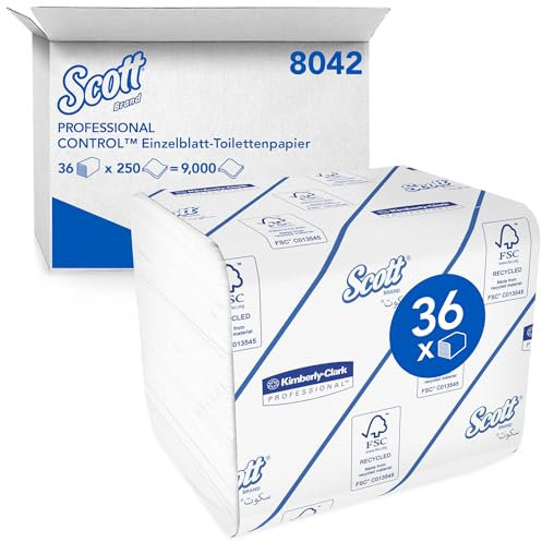 Scott Control Folded Toilet Tissue, 2-Ply Bulk Toilet Paper, Hygienic, Embossed, FSC Certified, Single Sheet Dispensing, 36 Packs x 250 Sheets (9,000 Sheets Total). model nr. 8042