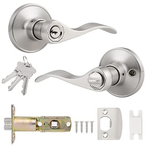 Probrico Satin Nickel Door Handle Lock, Exterior Door Handle with Keyed Entry, Wave Style