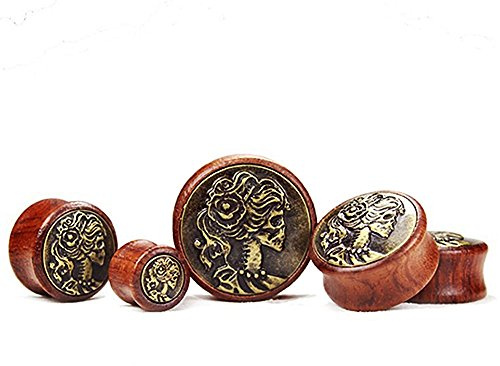 Flesh Tunnel Holz Totenkopf Frau Skelett Wood 12-30 mm Ear Plug Sattle Fit Double Flared Organic