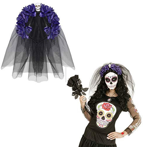 NET TOYS Tag der Toten Haarreif La Catrina Haarschmuck schwarz-lila Dia de los Muertos Schleier Totenkopf Halloween Haarreifen Rosen Kopfschmuck Totenschädel Day of The Dead Diadem