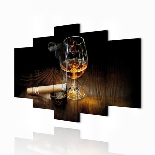 decomonkey Wandbilder Zigarre 200x100 cm XXL 5 Teilig Leinwandbilder Whisky | Strukturleinwand, Holzkeilrahmen, Bild auf Leinwand, Kunstdruck, Wanddeko, Wohnzimmer, Wanddekoration