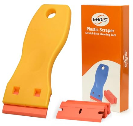 EHDIS Mini Kunststoff Schaber mit 10 Klingen, für klebereste entferner | Plastikspachtel, Klebstoffentferner, Etikettenlöser, Kunststoffschaber, Gelb