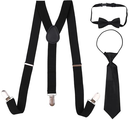Trimming Shop 85cm X 25mm, Kids Suspenders, Bow Tie & Necktie Set | Adjustable Y Shaped Fully Elasticated Clip-On Brace with Matching Bow Tie and Necktie Perfect Clothing Accessory for Children