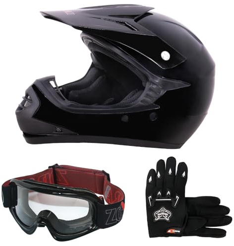 Zorax ZOR-X15 Youth Motocross Helmet & Gloves & Goggles | Black L (53-54cm) - Gloves L(7cm) Junior Dirt Bike Off Road Motorcycle Crash Helmet ECE 2206