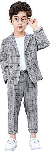 LOLANTA 2 Piece Boys Suits Set, Kids Suit Jacket & Trousers, Leisurewear or Wedding Party Pageboy Outfit, Light Grey Plaid, 11-12 Years, 160