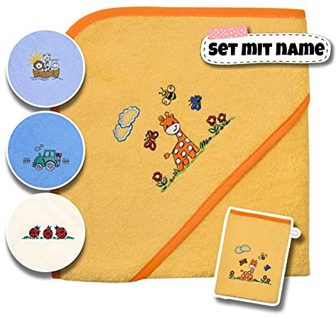 Stickling Baby Kapuzenhandtuch Set mit Waschlappen | Baby Handtuch 80 x 80 cm Kapuzenbadetuch | personalisiert mit Name | Baby Badetuch Bestickt mit Namen | Jungen Mädchen (gelbe Giraffe)