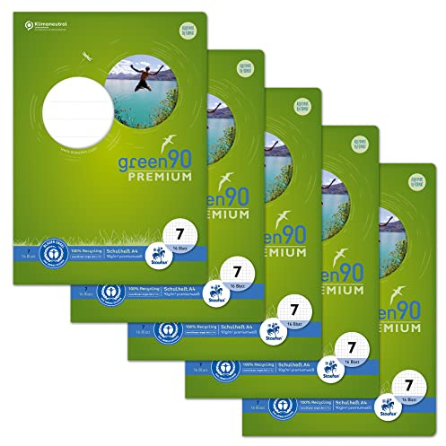 Staufen Green Heft - DIN A4, Lineatur 7 (7mm liniert), 16 Blatt, premiumweißes 90g/m² Recyclingpapier, runde Ecken verhindern „Eselsohren“, 4 verschiedene Motive (keine Auswahl möglich), 5 Stück