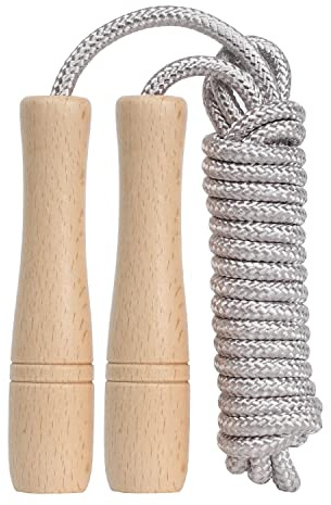 Springseil für Kinder, 2,6 m, verstellbares Baumwoll-Springseil mit Holzgriff, für Jungen und Mädchen, Fitness, Outdoor-Übung (Silber)