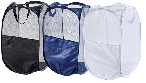 WEBEASY Laundry Basket, 3pcs Pack Foldable Laundry Hamper Pop Up with Durable Handles, Portable Mesh Washing Laundry Bag with Handle Great for Home Kids Room College Dorm Travel(Black+Navy+White)…