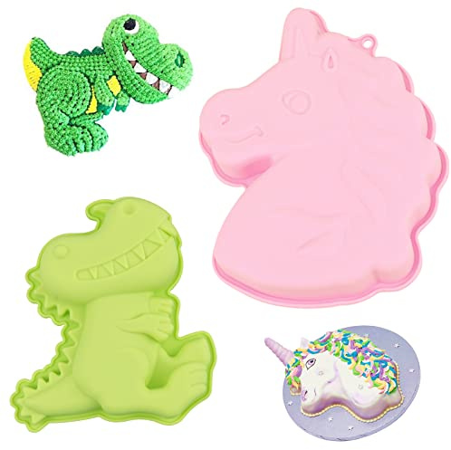 DBAILY Dinosaurier Kuchenform, 2pcs Dino Einhorn Silikon Backform Cartoon 3D Antihaft Kuchenform Schokoladenform Für Party Backformen Wie Kuchen Pralinen Desserts Usw