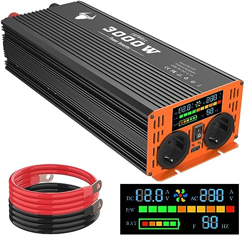 Inversor 12V 220V/230V 3000W/6000W Transformador de Voltaje Coche DC AC Onda Sinusoidal Modificada Accesorios Camper con Puerto USB Convertidor para Viajes al Aire Libre/Camping/Energía Solar