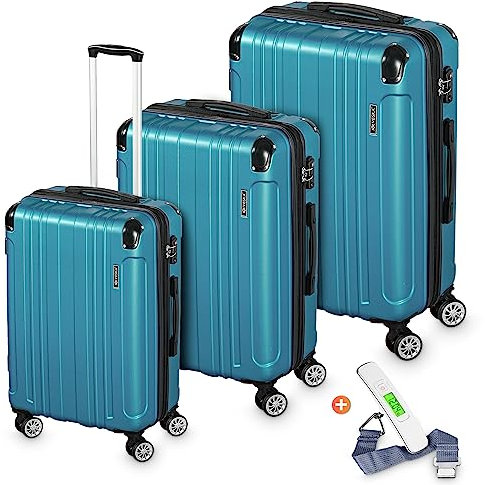 VESKA 3tlg. Hartschalenkofferset Hard Shell Reisekoffer Kofferset Trolley Koffer Hartschalenkoffer Reisekofferset Rollkoffer TSA Zahlenschloss 4 Rollen ABS-Hartschale M-L-XL (Nebel-blau)