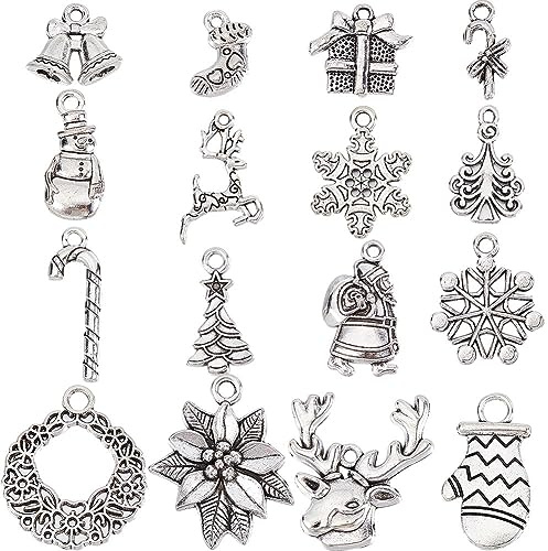 SUNNYCLUE 1 Box 64 Stück 16 Stile Weihnachtsanhänger Bulk Silber Weihnachtsanhänger Tibetische Legierung Süßigkeiten Schneeflocke Schneemann Weihnachten Glockenanhänger Für Die Sch