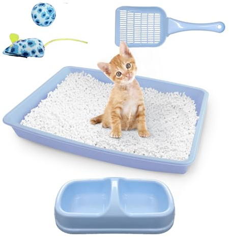 PAWISE Katzen-Starter-Set: Katzenklo klein, Katzentoilette, Enthält 36,7 x 26,7 cm Katzentoilette, Schaufel, 2*Spielzeuge, Doppelschüssel, Hochglanzpolierte Oberfläche, 5-teiliges Set,blau