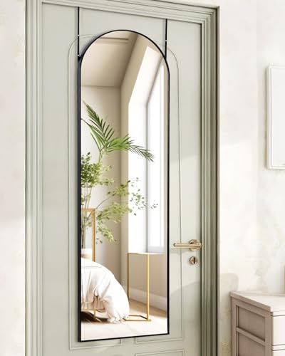 KOMCOTE Full Length Mirror 48x14 Inches - Over The Door Hanging Mirror for Bedroom, Living Room, Closet - Arch Floor Mirror, Door Mirror with Black Frame - No Drill Easy Install