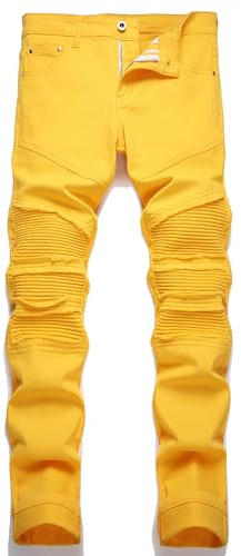 RXXKKK Men's Classic Zipper Biker Regular Fit Flex Jean (38, 242 Yellow)