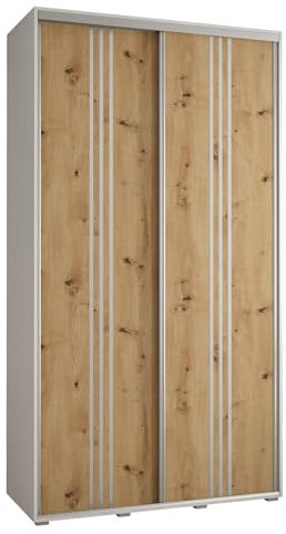MEBLE KRYSPOL Cannes 6 Moderner Schrank mit 2 Schiebetüren mit Stange, Regale - Aufbewahrungsschrank für Schlafzimmer, Wohnzimmer - 205,2x140x45 cm - Weiß Artisan Silber