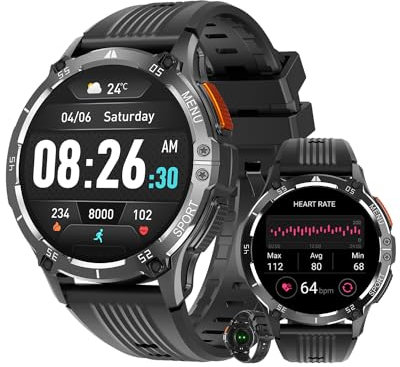 MEGALITH Herzfrequenz Smartwatch Herren Uhren: Schwarz Fitness Telefonfunktion Pulsuhr Sport Tracker Bluetooth IP67 Wasserdicht