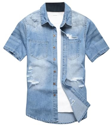 Floerns Men's Causal Ripped Button Front Dual Pocket Short Sleeve Denim Shirt Without Tee Light Blue Medium
