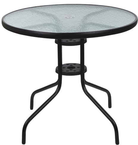 URBNLIVING Round Black Metal & Decorative Glass Garden Patio Bistro Side Table Parasol Hole