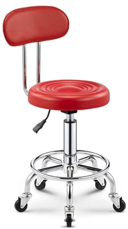 Robuster, runder Rollhocker aus PU-Leder, 360-Grad-Drehgelenk mit Fußstütze und Rädern, höhenverstellbar, für Geschäfte, Massagen, Spas und medizinische Salons (rot)