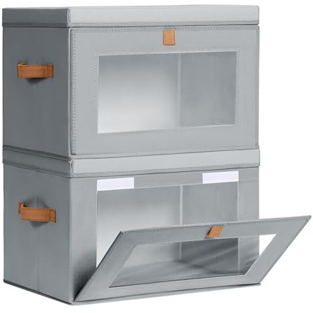Homsorout Large Closet Storage Organizer - Clothes Storage Bins with Handles & Window, Collapsible Decorative Boxes with Lids, Fabric Containers for Living Room, Dorm, 2 Pack, Grey