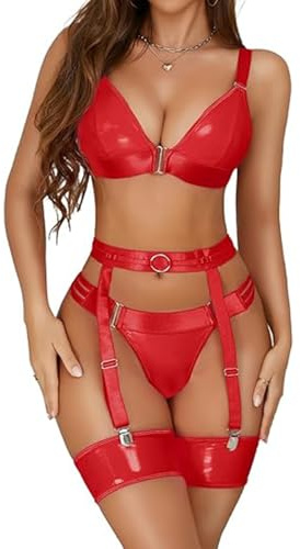 Aranmei Women Sexy Leather Lingerie Set with Garter Belt Bra and Panty Set Babydoll Red