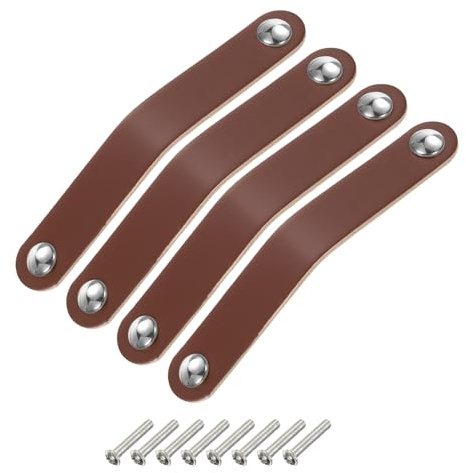 QUARKZMAN 4 Pack Leder Schubladengriffe, Doppel-Loch Leder Schubladengriffe Möbel Kommoden Griffe mit Schrauben für Kommoden Schubladen Schrank, Braun/Silber (Lochabstand: 128mm)