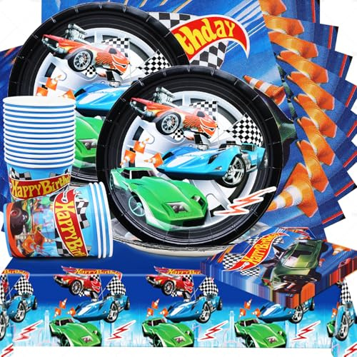 53 Piece Cars Party Tableware Set, Huaxintoys Racing Party Tableware, Cars Kit Party, Car Children's Birthday Tableware, Racing Car Party Supplies (Includes Plates, Paper Towel, Cup, Tablecloth)
