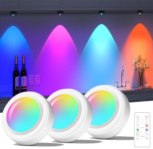 MODOAO LED unter Schrank Lichter, 16-Farben Nachtlichter, 3-Pack LED Puck Lichter mit 1-Fernbedienung, batteriebetriebene Küchenleuchten mit Dimmable-Timer für Schlafzimmer Küchenschrank (Weiß)