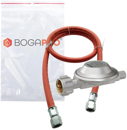 BOGAPRO Regler Schlauch Set mit Campingregler 50 mbar, winterfester Gasschlauch 1/4 lks, mit BOGAPRO Polybeutel, für 3, 5 und 11 kg Propangasflaschen