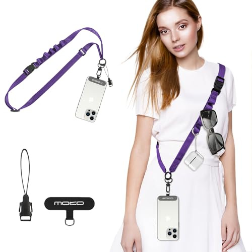 MoKo Universal Phone Lanyard, Nylon Adjustable Cell Phone Crossbody Strap Detachable Women & Men Cellphone Lanyards Around the Neck with Patches for iPhone, Most Smartphones, Purple