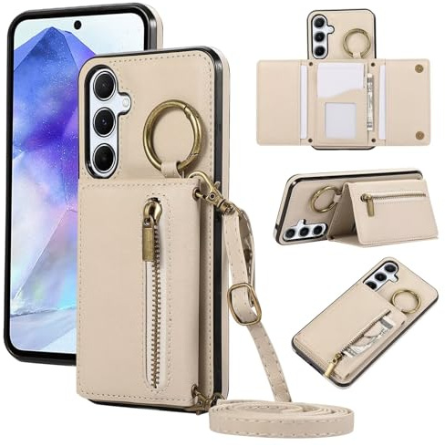 ESONG handykette Wallet Schutzhülle für Samsung Galaxy S24 FE, Geldbörse Leder Stoßfest Frauen Ring Case Cover mit Kordel Band, Kartenfach, Ständer, Brieftasche klapphandyhülle Beige