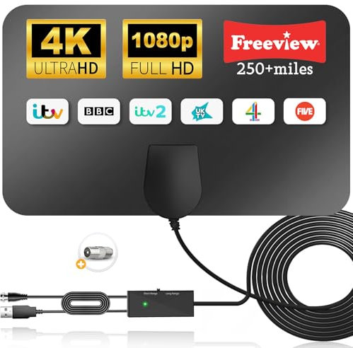 2024 Indoor Digital TV Aerial - Smart TV Antenna With Booster for Freeview DVB-T2 Reception, Support 4K 1080P HDTV,16.4ft Coax Cable Included