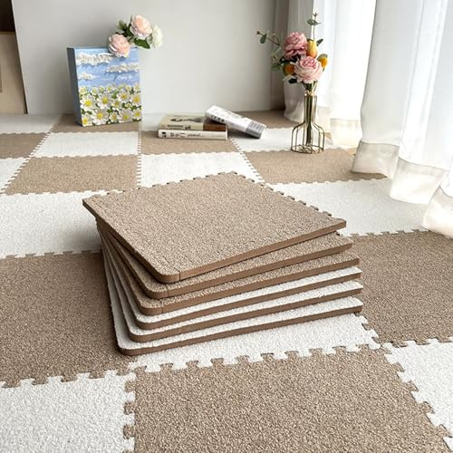Generisch 10PCS-Puzzle-Bodenset, quadratisch, weich, dick, ineinandergreifende Teppichfliesen mit Rand, Rutschfester Spielmatten-Puzzle-Teppich, 30 x 30 cm(Light Brown+White)