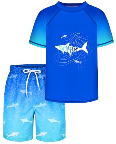 Boys Swimming Costume, Two Piece Rash Guard Swimsuits Sets Kids Short Sleeve Swim Shirts Bathing Suit with Swim Trunks