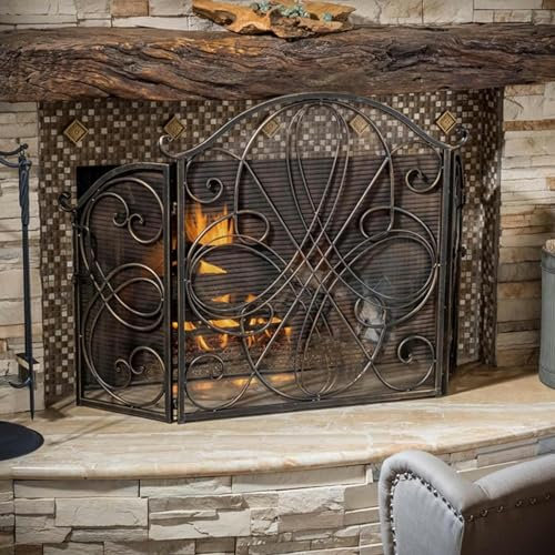 Rustic Worn Finish 3 Panels Fireplace Screen, Chimney Wrought Iron Fireplace Cover, Decorative Fire Spark Guard Grate, Metal Furnace Fireguard