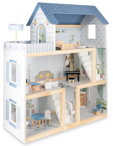 COIL Casa delle bambole in legno, set di giocattoli con mobili e accessori, grande casetta giocattolo a 3 ripiani, altezza 78 cm, per bambini dai 3 anni in su, blu