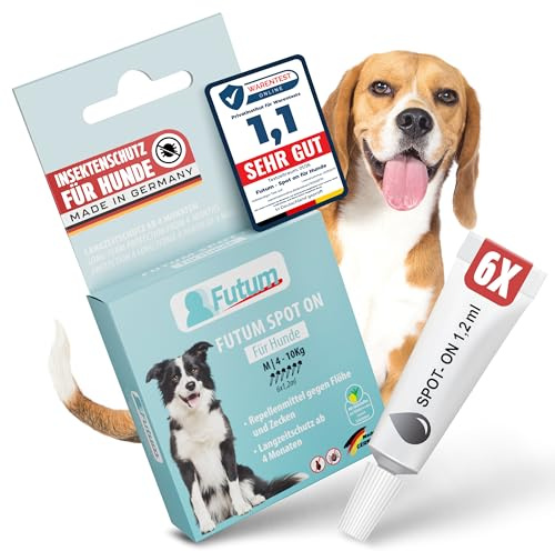 Spot On Hund 6x 1,2 ml – 12 Wochen Floh und Zeckenschutz für Hunde – Zeckenmittel für Hunde mit Aktivstoffen Lemon Eukalyptus– Effektiver Zeckenschutz Hund – Nachhaltiger Zecken und Flohschutz - FUTUM
