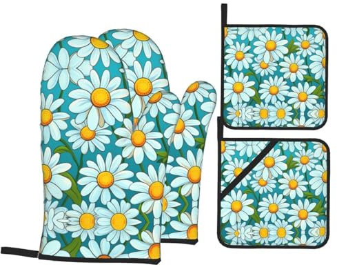 Ofenhandschuhe Und Topflappen-Set Weißes Gänseblümchen-Muster Professionelles Kochhandschuhe rutschfest Topfhandschuhe Für Backen Küche Zubehör Cafe,4 Stck.