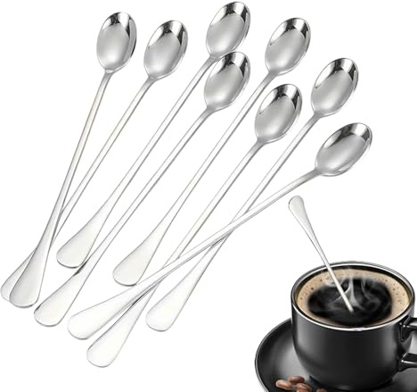 Lot de 8 cuillères à mélanger à long manche – Cuillère longue | 8 agitateurs à cocktail en acier inoxydable ? Cuillère à mélanger à thé glacé de 19 cm, ensemble de vaisselle élégant pour bar à